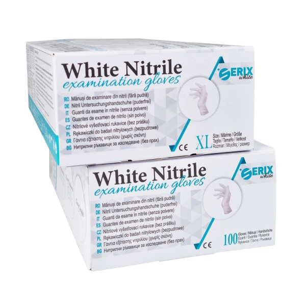 Set 100 Manusi Examinare Nitril Nepudrate Serix White (L)