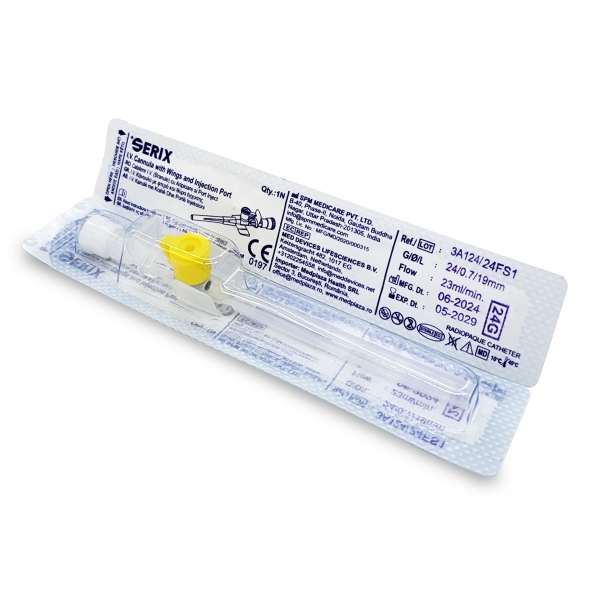 Set 100 Branule (Catetere IV) cu Aripioare si Port Inject, 24G, Serix