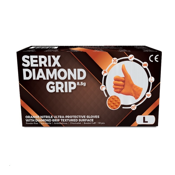 ps-43809 Manusi de Nitril, Textura Diamond Grip, 8.5 gr, Nepudrate, Portocalii, L, 50 buc, Serix