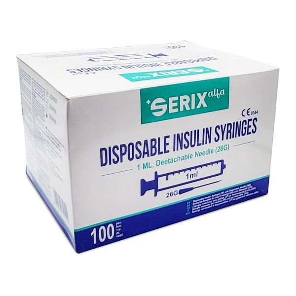 SERINGI 3P Insulina 1ML cu Ac Detasabil 26G, Serix Alfa, 100 buc/set, 32 set/BAX