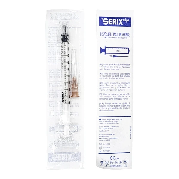 SERINGI 3P Insulina 1ML cu Ac Detasabil 26G, Serix Alfa, 100 buc/set, 32 set/BAX