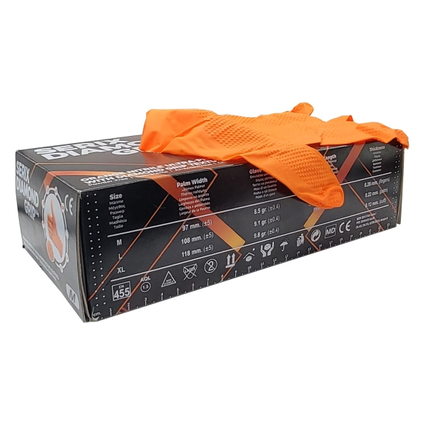 Manusi de Nitril, Textura Diamond Grip, 8.5 gr, Nepudrate, Portocalii, M, 50 buc, Serix