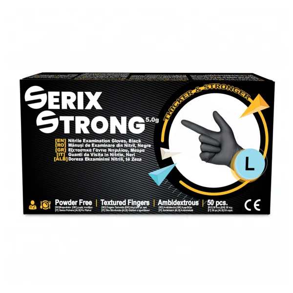 Manusi de Nitril, Grosime 1.5X (5 gr), Nepudrate, Negre, L, Serix Strong, 50 buc/set, 20 set/BAX