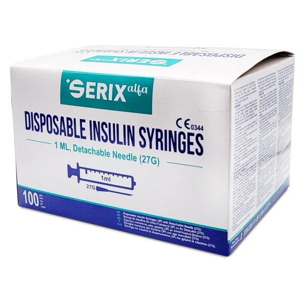 SERINGI 3P Insulina 1ML cu Ac Detasabil 27G, Serix Alfa, 100 buc/set, 32 set/BAX