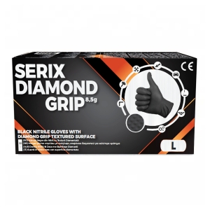 Manusi de Nitril, Textura Diamond Grip, 8.5 gr, Nepudrate, Negre, L, 50 buc, Serix