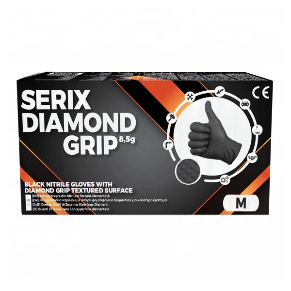 ps-44786 Manusi de Nitril, pentru Mecanici, Textura Diamond Grip, Grosime 3X (8.5 gr), Nepudrate, NEGRE, M, Serix, 50 buc/set, 10 set/BAX