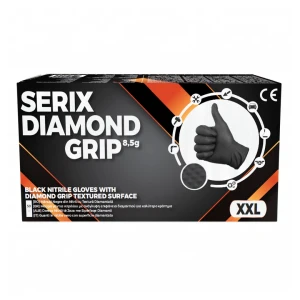 Manusi de Nitril, pentru Mecanici, Textura Diamond Grip, Grosime 3X (8.5 gr), Nepudrate, NEGRE, XXL, Serix, 50 buc/set, 10 set/BAX