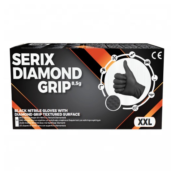 ps-44790-1 Manusi de Nitril, Textura Diamond Grip, 8.5 gr, Nepudrate, Negre, XXL, 50 buc, Serix
