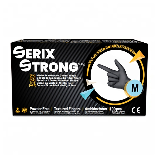 Manusi Examinare Nitril 5.0, Nepudrate, Negre, M, 100 buc, Serix Strong