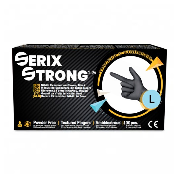 Manusi Examinare Nitril 5.0, Nepudrate, Negre, L, 100 buc, Serix Strong