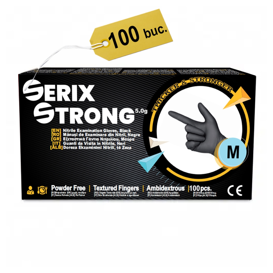 Manusi Examinare Nitril 5.0, Nepudrate, Negre, M, 100 buc, Serix Strong