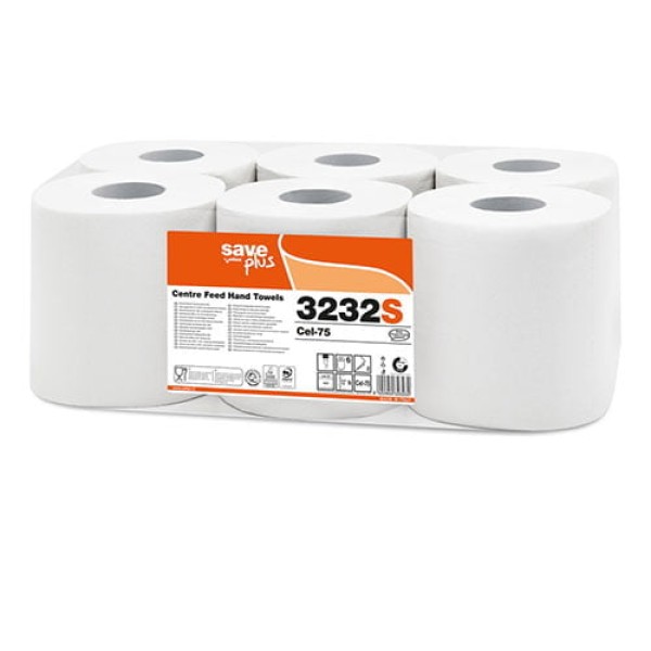 Rola prosop hartie derulare centrala, tip monorola, Celtex SavePlus 3232S, alb, 2straturi, 108m, 450 portii/rola, 6 role/bax, certificata pentru industria alimentara, Ecolabel