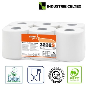 Rola prosop hartie derulare centrala, tip monorola, Celtex SavePlus 3232S, alb, 2straturi, 108m, 450 portii/rola, 6 role/bax, certificata pentru industria alimentara, Ecolabel