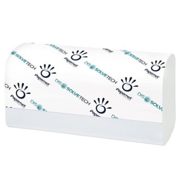 Prosoape de hartie pliate V, Dissolve Tech, Papernet 411167, albe, 2 straturi, certificate Ecolabel, FSC, 250 servetele / pachet, 15 pachete / bax